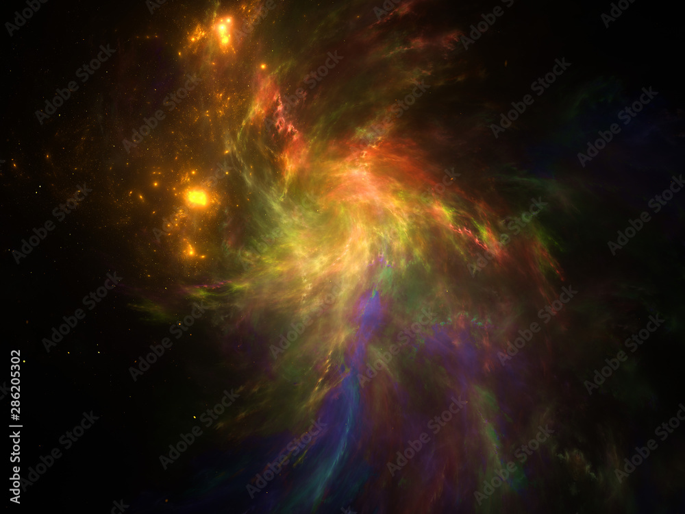 Fototapeta premium Nebula and galaxies in infinite space - starfield, stars and space dust scattered throughout a vast universe. Swirling black hole, burst of light from birth of stars, illustration, cosmic artwork.