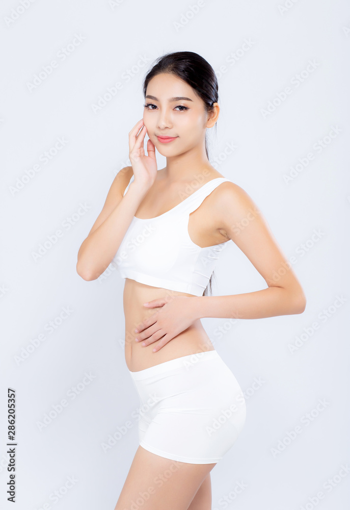 Portrait young asian woman smiling beautiful body diet with fit isolated on white background, model girl weight slim with cellulite or calories, health and wellness concept. Portrait young asian woman smiling beautiful body diet with fit isolated on white background, model girl weight slim with cellulite or calories, health and wellness concept.