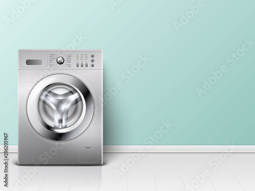 Vector 3d Realistic Modern White Steel Washing Machine Closeup. Design Template of Wacher. Front View, Laundry Concept