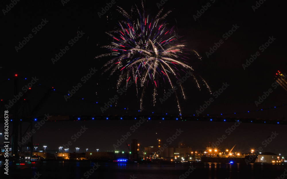 Pre holiday fireworks over the Vincent Thomas Bridge in San Pedro, CA 