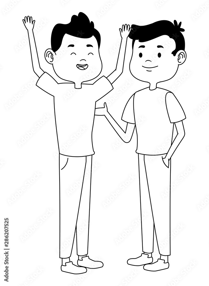 Teenagers friends smiling and greeting cartoons in black and white Teenagers friends smiling and greeting cartoons in black and white