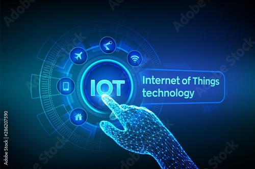 IOT. Internet of Things technology concept on virtual screen. Wireless communication network. Intelligent system automation. Robotic hand touching digital interface. Vector illustration.
