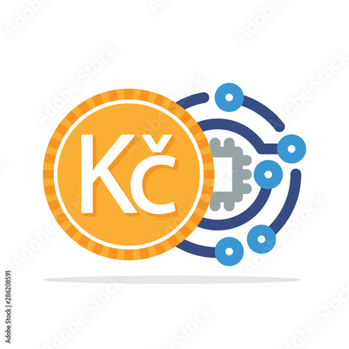 Illustrated icon with the concept of digital money transactions with the currency of the Czech Republic, Czech Koruna