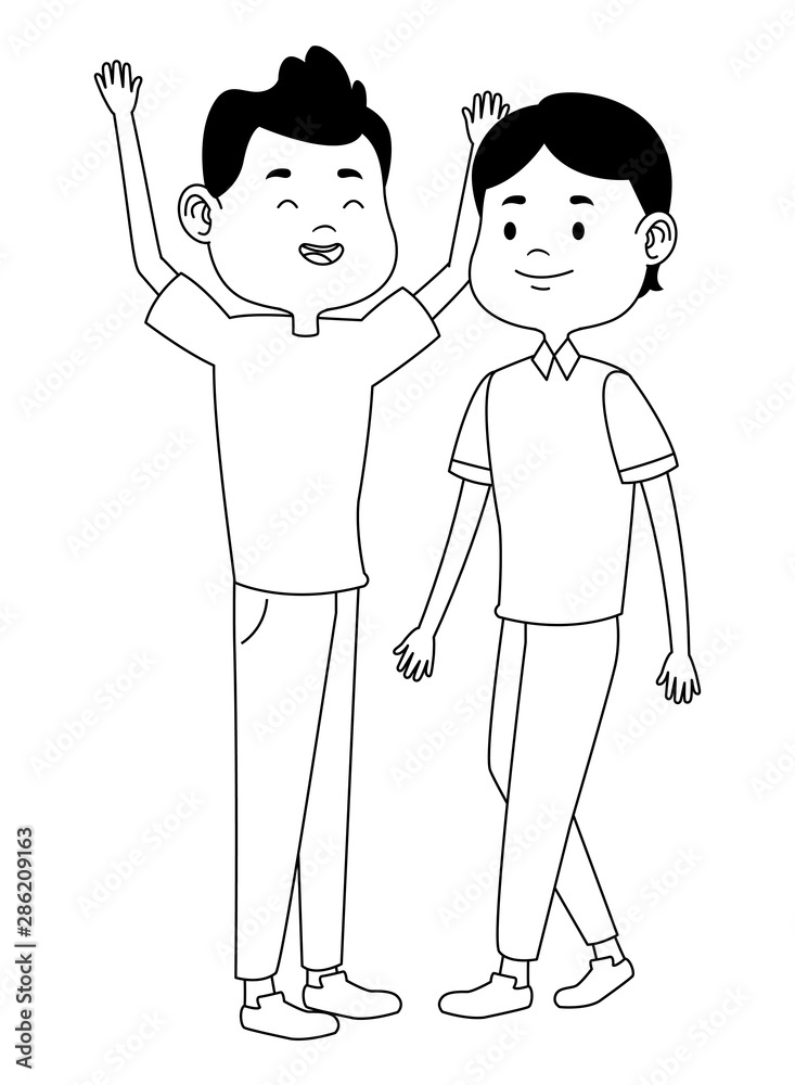 Teenagers friends smiling and greeting cartoons in black and white Teenagers friends smiling and greeting cartoons in black and white