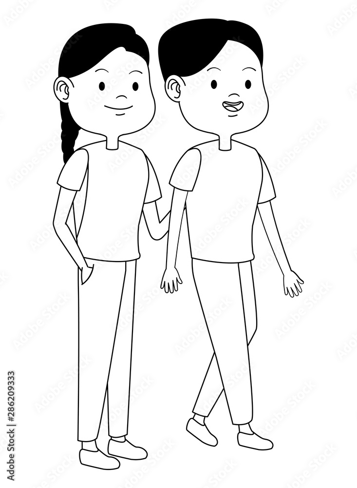 Teenagers friends smiling and greeting cartoons in black and white Teenagers friends smiling and greeting cartoons in black and white