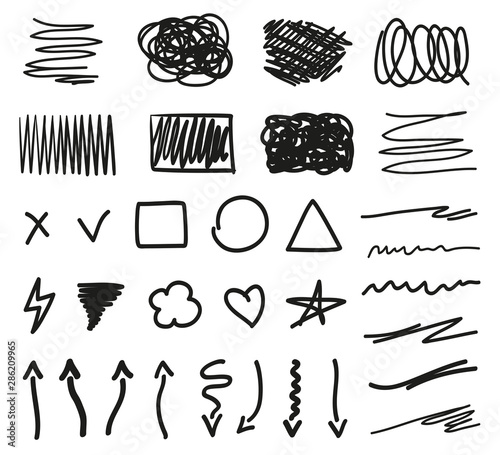 Hand drawn hatching shapes on isolated white background. Abstract signs. Black and white illustration