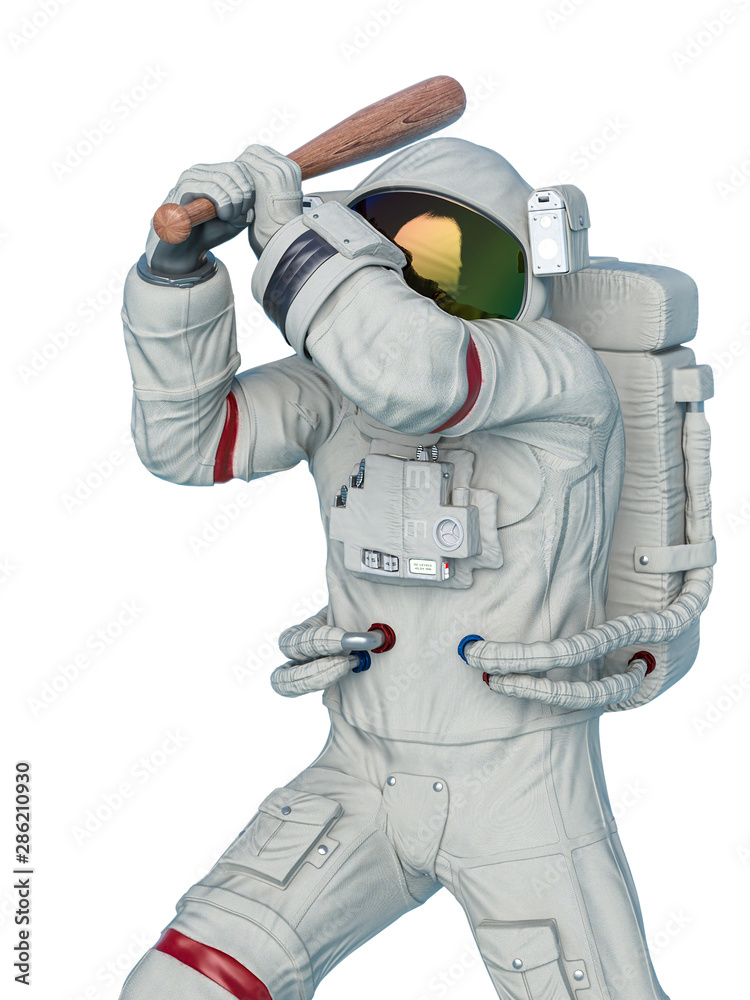 astronaut is attacking with a baseball bat