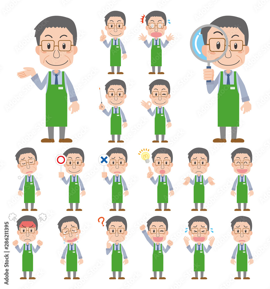 店員　スーパーマーケット　エプロン　中高年　高齢者　シニア　ポーズ　セット