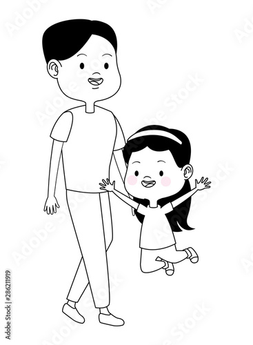 Family single mother with children cartoon in black and white
