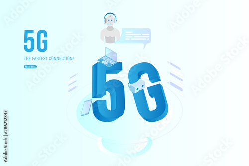 5G network wireless technology. Isometric smartphone with laptop and icon chatbot. Next generation high speed internet. Flat vector illustration EPS 10