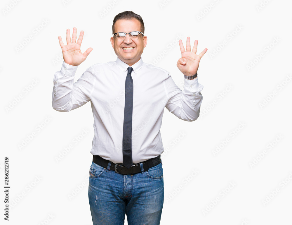 Middle age bussines arab man wearing glasses over isolated background showing and pointing up with fingers number nine while smiling confident and happy. Middle age bussines arab man wearing glasses over isolated background showing and pointing up with fingers number nine while smiling confident and happy.