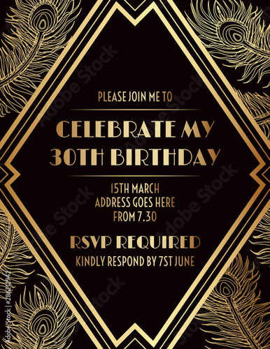 Elegant Geometric Art Deco Invitation Design with Feathers