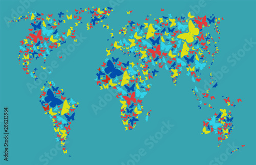 World map of colored butterflies. Vector graphics.