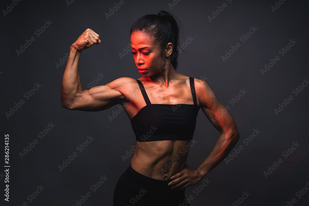 Athletic Young Asian Woman Showing Biceps, Asian Strong Woman With