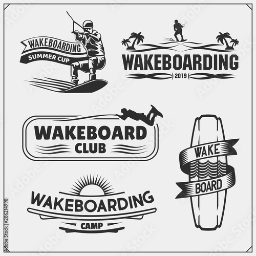 Wakeboarding silhouettes, labels and design elements. Set of emblems for wakeboard club and print design for t-shirt.