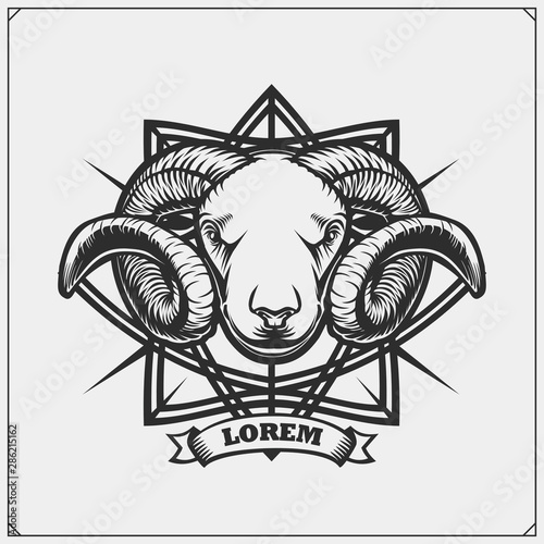 Emblem of ram with beautiful swirling horns. Sport club emblems, meat store logo, print design for t-shirt, tattoo.