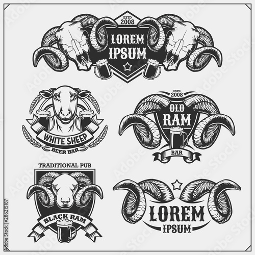 Beer set emblems with ram and sheep. Labels, emblems, stickers and design elements for pub, beer festival and beer restaurant design.