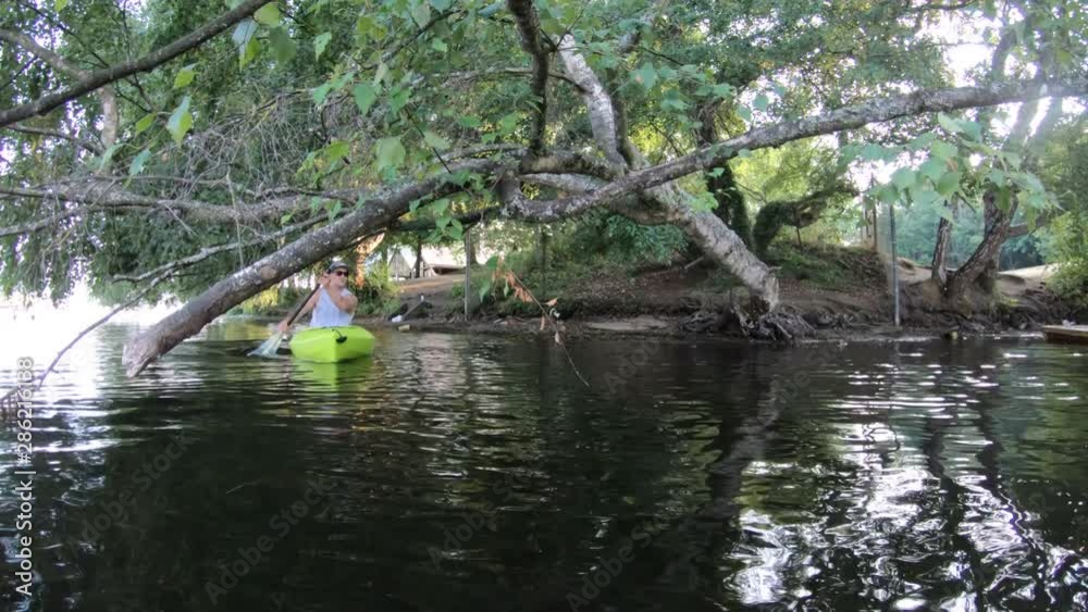 Man Kayaking Under Low Hanging Trees Man Kayaking Under Low Hanging Trees