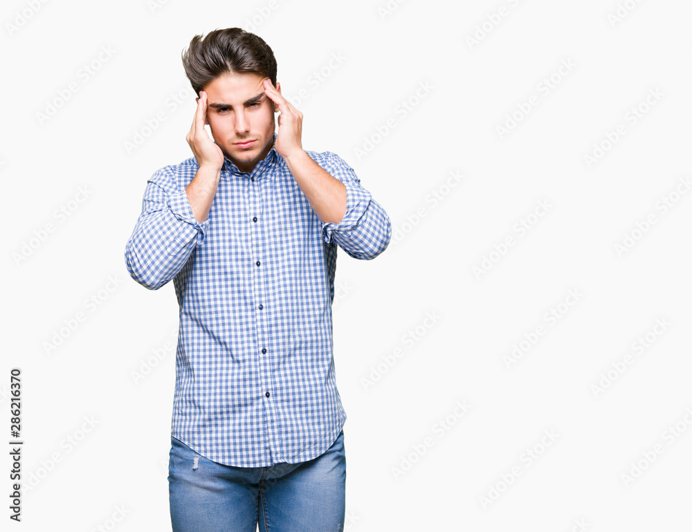 Young handsome business man over isolated background with hand on head for pain in head because stress. Suffering migraine. Young handsome business man over isolated background with hand on head for pain in head because stress. Suffering migraine.