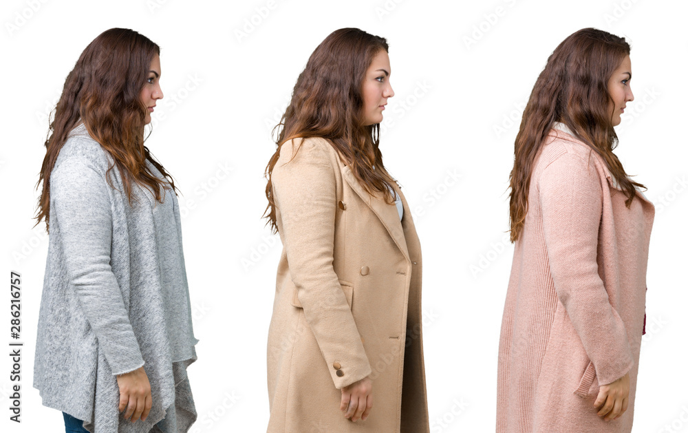 Collage of beautiful plus size woman wearing winter jacket over isolated background looking to side, relax profile pose with natural face with confident smile. Collage of beautiful plus size woman wearing winter jacket over isolated background looking to side, relax profile pose with natural face with confident smile.