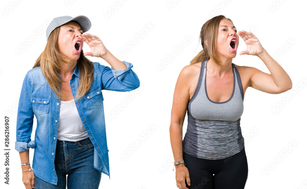 Collage of beautiful middle age woman wearing sport outfit over isolated background shouting and screaming loud to side with hand on mouth. Communication concept. Collage of beautiful middle age woman wearing sport outfit over isolated background shouting and screaming loud to side with hand on mouth. Communication concept.