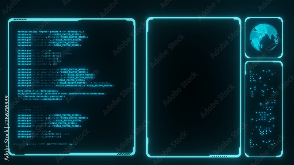 Sci fi laboratory room hud elements. Scrolling software source code development. Rotating digital dots globe. Abstract binary data moving. For overlay with movie scene or intro clip. with copy space