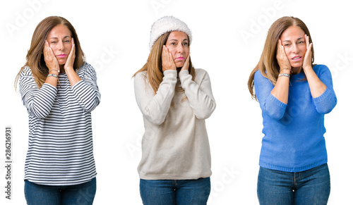 Collage of beautiful middle age woman over isolated background Tired hands covering face, depression and sadness, upset and irritated for problem