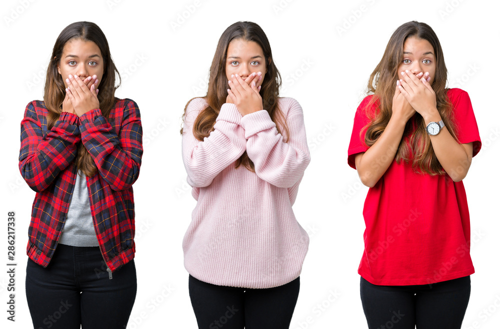 Collage of beautiful young woman over isolated background shocked covering mouth with hands for mistake. Secret concept. Collage of beautiful young woman over isolated background shocked covering mouth with hands for mistake. Secret concept.