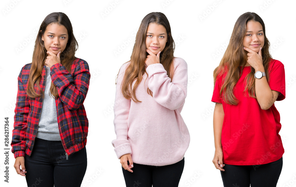 Obraz premium Collage of beautiful young woman over isolated background looking confident at the camera with smile with crossed arms and hand raised on chin. Thinking positive.