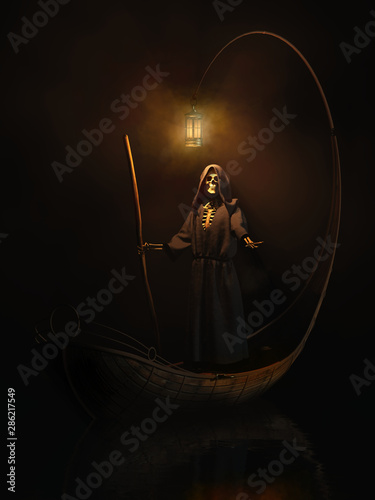 Charon the ferryman appearing like a robed skeleton extents his bony hand. He epects a coin to ferry you across the Styx to the lands of the dead. 3D Rendering.
