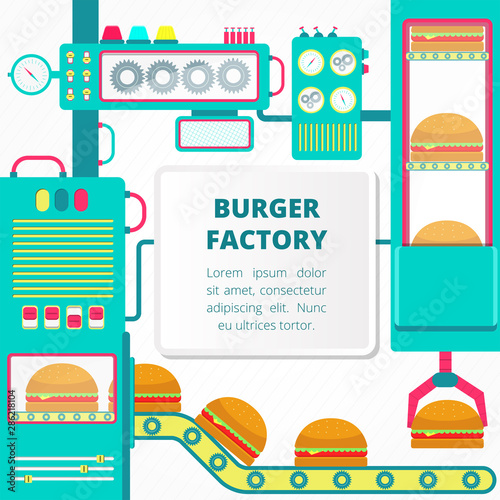 Technological burgers factory. Colorful factory of hamburger with cute machines. Flat design. Blank space for insert text.