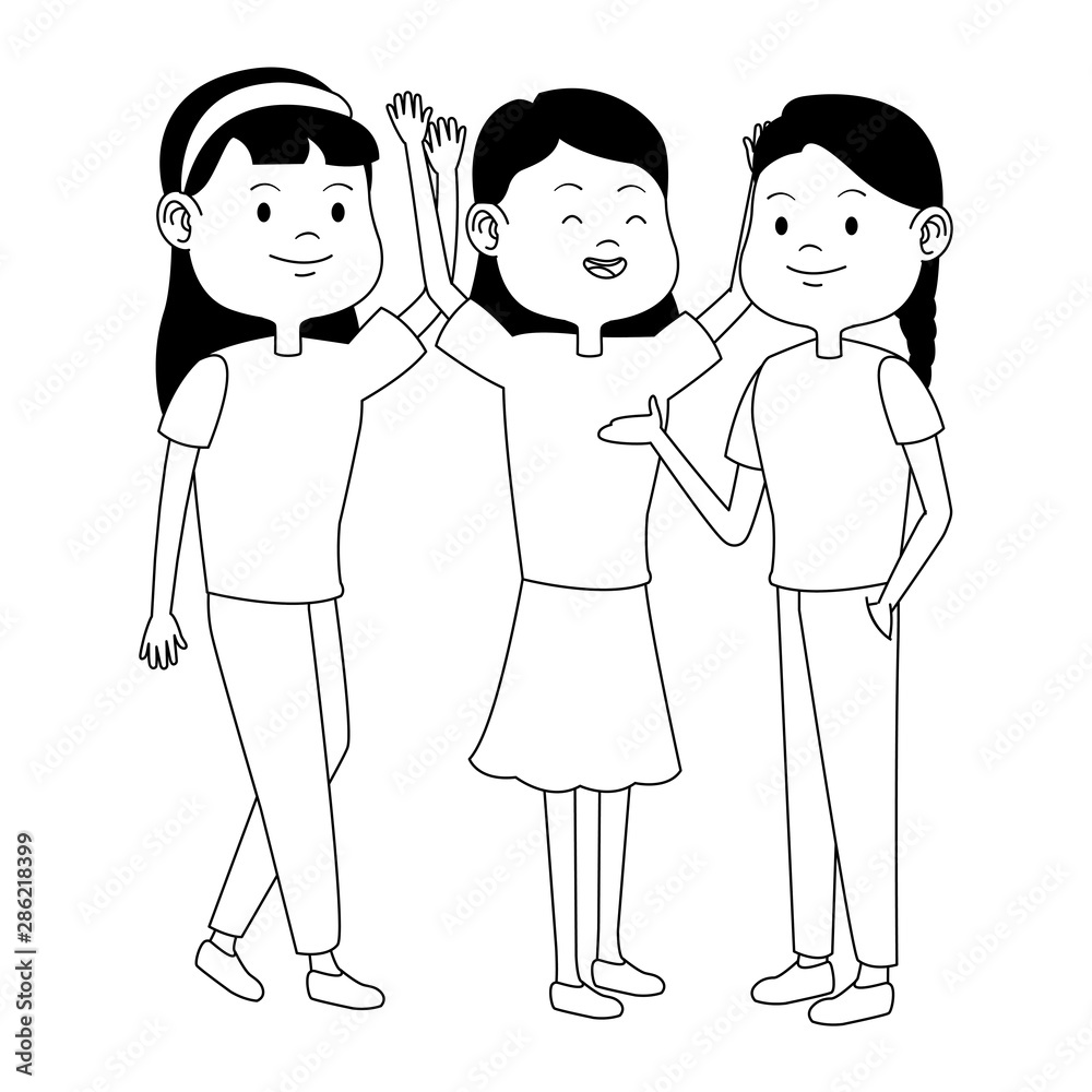 Teenagers friends smiling and greeting cartoons in black and white Teenagers friends smiling and greeting cartoons in black and white