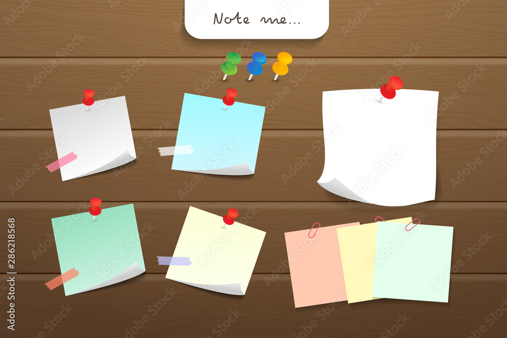 Set of different note papers on wooden background. Set of different note papers on wooden background.