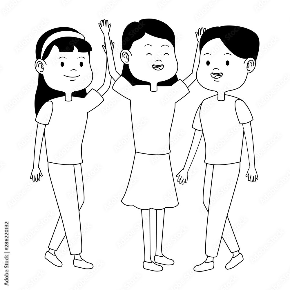 Teenagers friends smiling and greeting cartoons in black and white Teenagers friends smiling and greeting cartoons in black and white