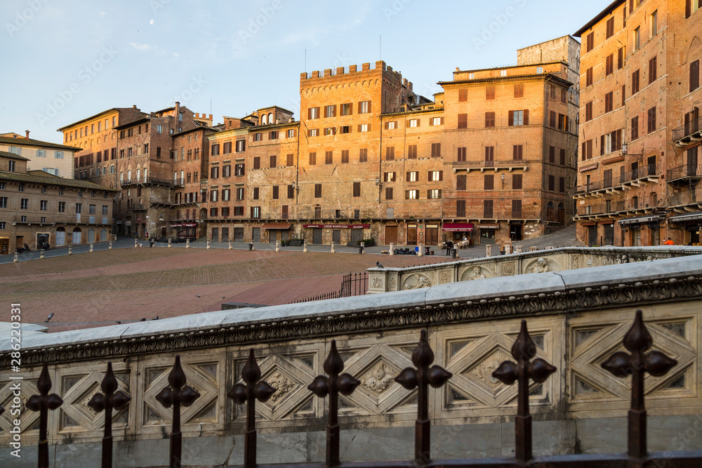 Detail of the Piazza del Campo over the Gaia Fountain. Siena, Italy