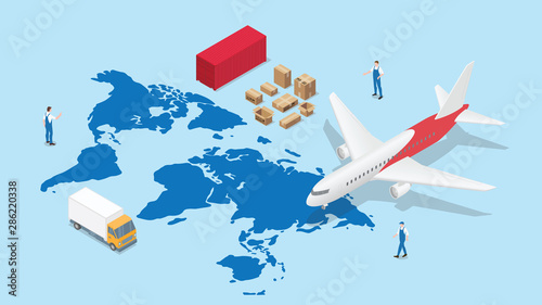 global logistics network with world map and transportation plane and truck container with modern isometric style