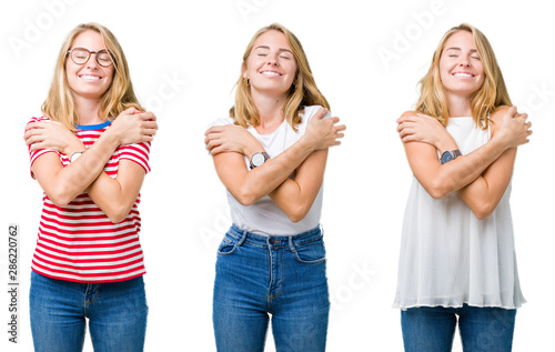 Collage of beautiful blonde woman over white isolated background Hugging oneself happy and positive, smiling confident. Self love and self care