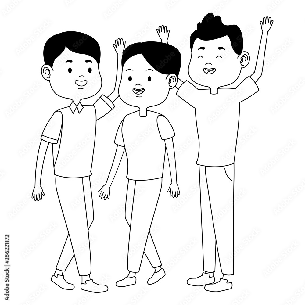 Teenagers friends smiling and greeting cartoons in black and white Teenagers friends smiling and greeting cartoons in black and white