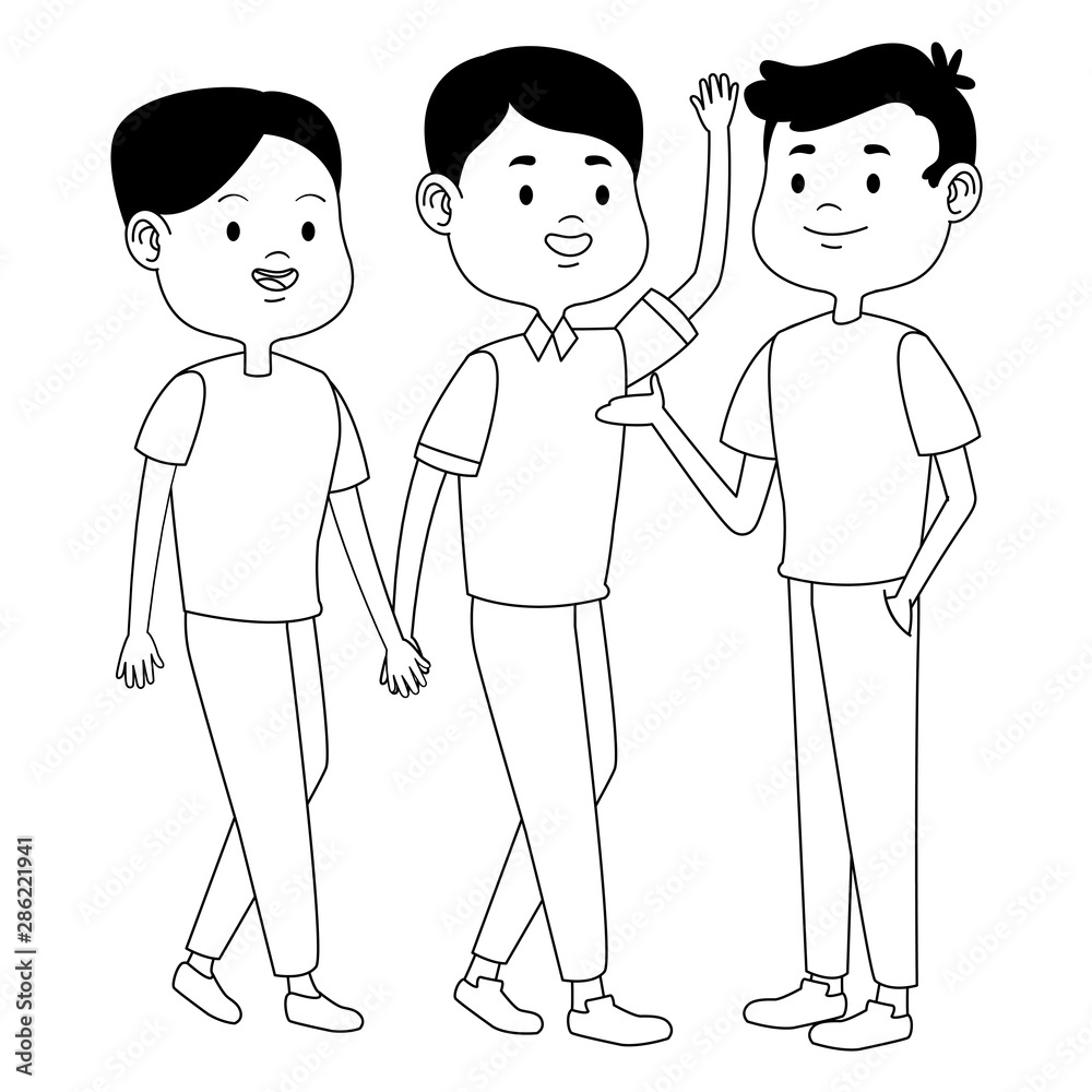 Teenagers friends smiling and greeting cartoons in black and white Teenagers friends smiling and greeting cartoons in black and white