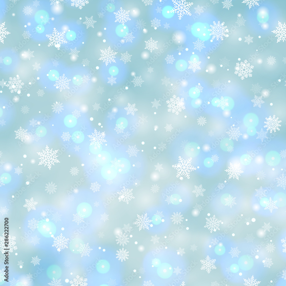 Magic winter background with beautiful various snowflakes on light backdrop. Happy New Year and Merry Xmas holidays. Template for invitations, congratulations, advertisements vector illustration.