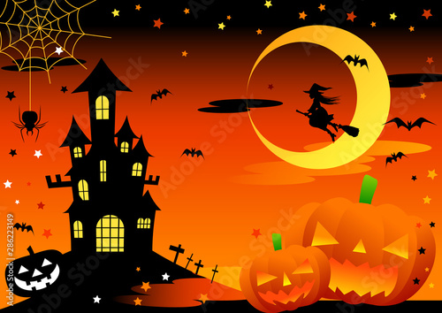 ハロウィン・お城と魔女とジャックオーランタンのイラスト