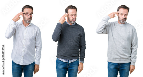Foto Collage of handsome senior man over white isolated background Shooting and killing oneself pointing hand and fingers to head, suicide gesture