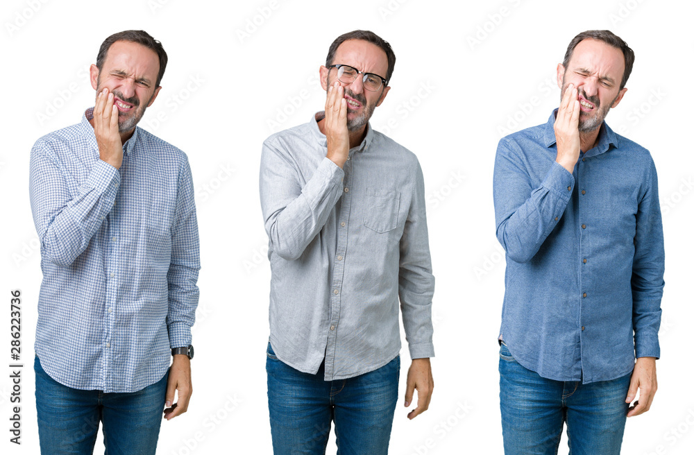 Collage of handsome senior business man over white isolated background touching mouth with hand with painful expression because of toothache or dental illness on teeth. Dentist concept. Collage of handsome senior business man over white isolated background touching mouth with hand with painful expression because of toothache or dental illness on teeth. Dentist concept.