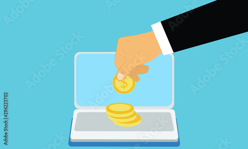Hand business man hold coin money in laptop vector design.