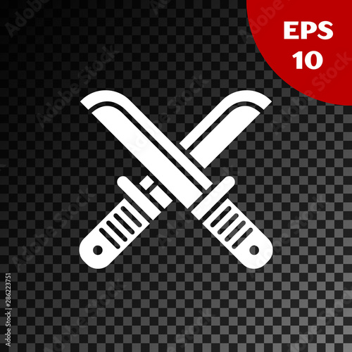 White Crossed hunter knife icon isolated on transparent dark background. Army knife. Vector Illustration