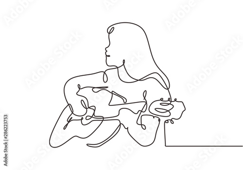 Continuous line drawing girl playing acoustic guitar vector illustration one hand drawn minimalist design music theme