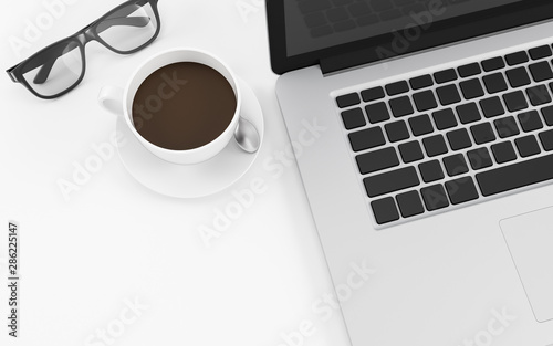 White office desk table with computer notebook, coffee cup and glasses, workspace design illustration 3D rendering
