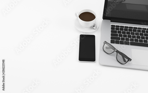 White office desk table with computer notebook, glasses, phone and coffee cup, copy space design illustration 3D rendering