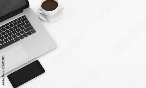 White office desk table with computer notebook, phone and coffee cup, copy space design illustration 3D rendering