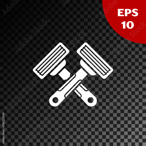 White Crossed shaving razor icon isolated on transparent dark background. Vector Illustration